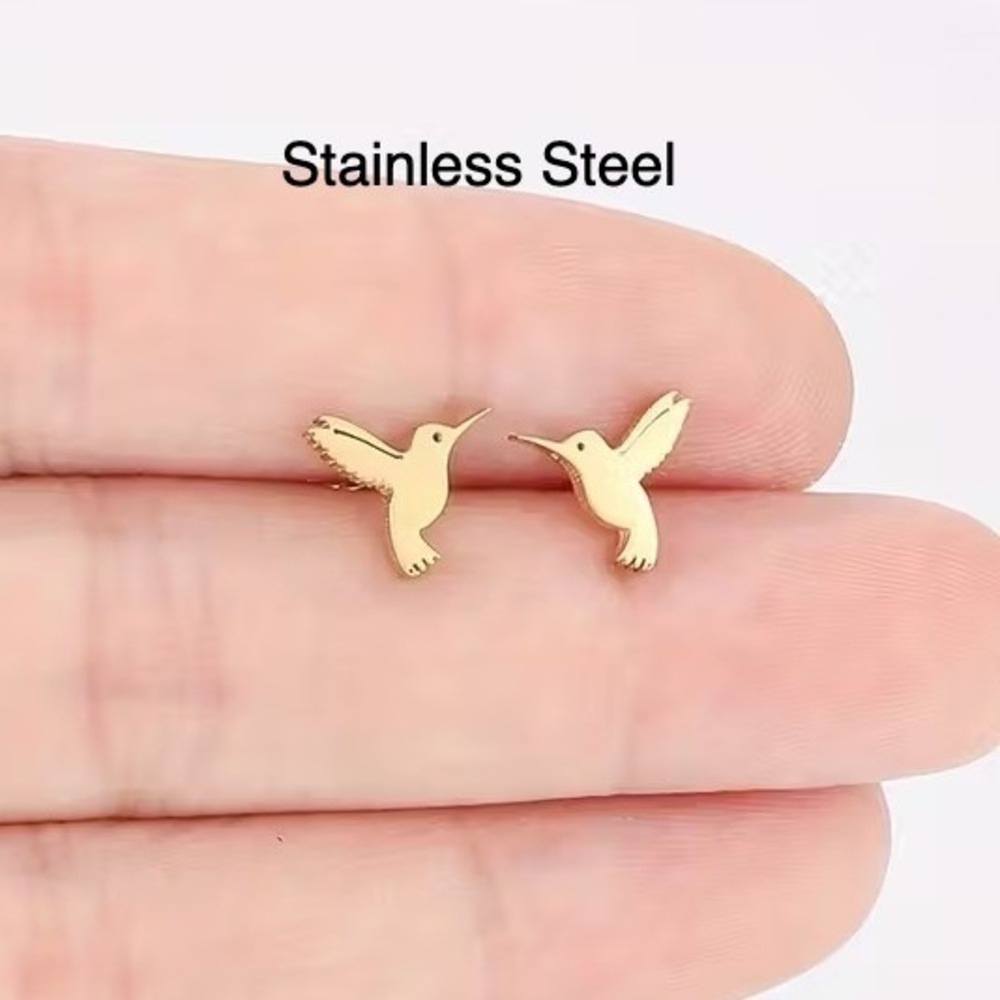 Gold Tone Stainless Steel Hummingbird Stud Earrings‎ for Women